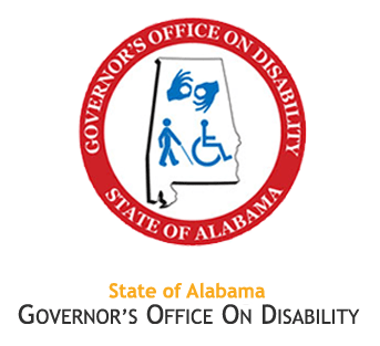 Logo of the State of Alabama Governor's Office on Disability featuring a circular red border with text. Inside is the shape of Alabama and disability symbols: a person with a cane and a person in a wheelchair.