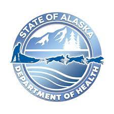 The image shows the seal of the State of Alaska Department of Health. It features a sled team with a musher and dogs in front of mountains and trees, encircled by the text “State of Alaska Department of Health.”.