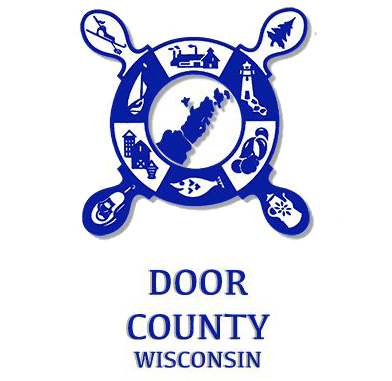 Blue emblem of Door County, Wisconsin, featuring a ship wheel with illustrations of a lighthouse, sailboat, trees, buildings, and a map. Text below reads "Door County Wisconsin.